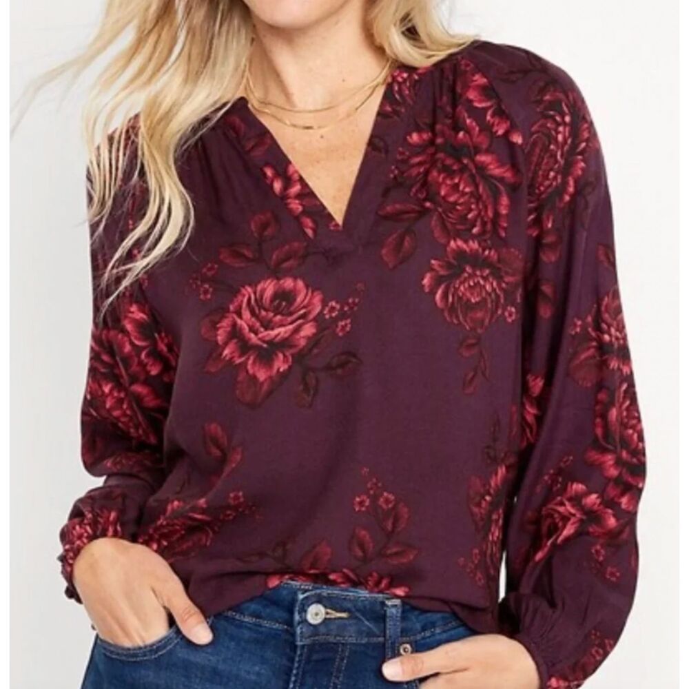 Old Navy XXL Floral Split Neck Long Sleeve Top Blouse Spring Summer Casual
